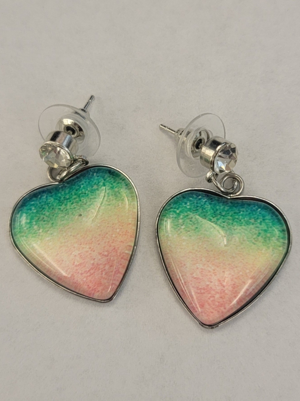 Heart Dangle Earrings - Pink and Green Gradient